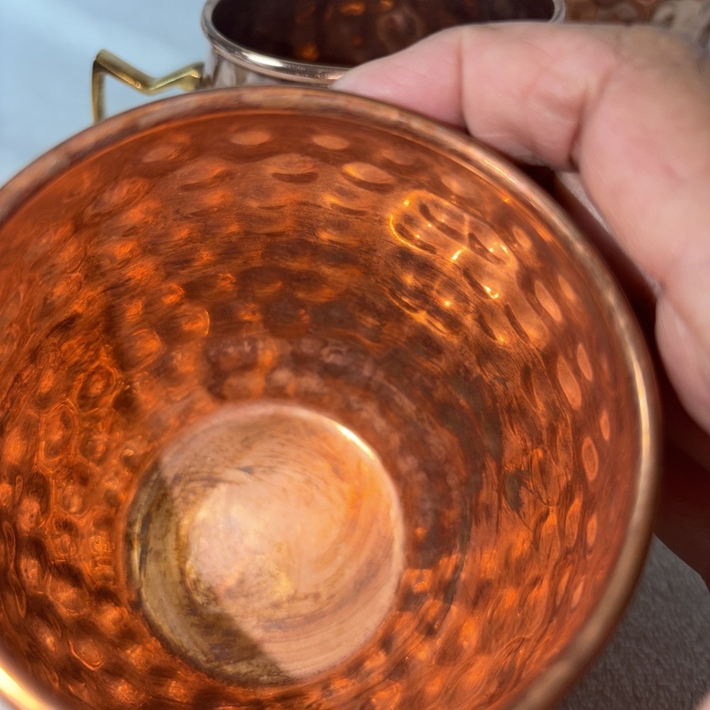 Solid Copper Classic Hammered Moscow Mule Cups Set of 4 Brass Handles Patina GUC - Picture 7 of 12